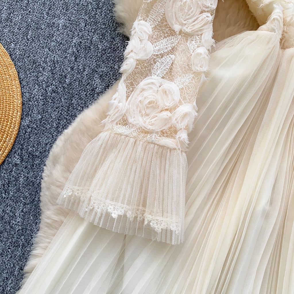 Весна Лето Женские Элегантные 3D Цветочные Расклешенные Рукава Принцесса Вечерние Сетчатые Плиссированные Платья