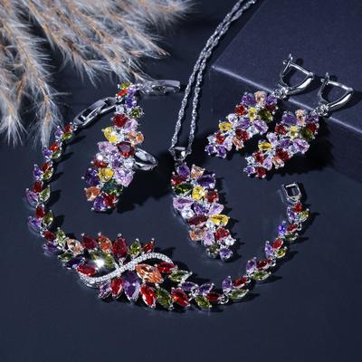 Роскошные Изысканные Многоцветные Циркониевые Покрытые Ювелирные Наборы Для Женщин Серьги Ожерелье Кольцо Браслет Свадебный Подарок