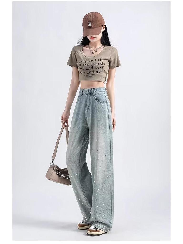 Весна и Осень 2025 Женские Джинсы с Высокой Посадкой, Светлые, Широкие от Бедра: Трендовые Универсальные Стройнящие Прямые Брюки с Дизайном Горячей Отделки.