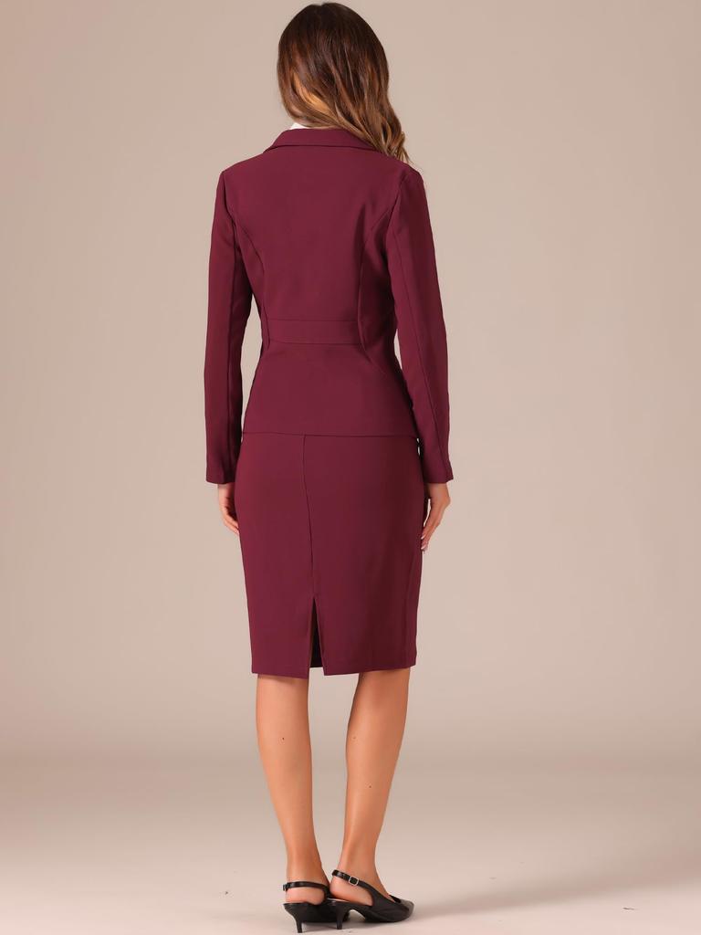 Женский деловой костюм Allegra K, Блейзер с длинным рукавом и юбка-карандаш, Комплект из 2 предметов, Однотонный, Повседневный, Для работы, Винно-красный, Размер XL