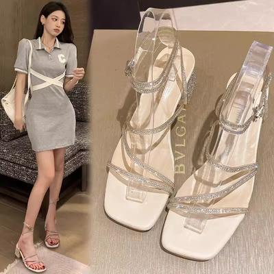 Темпераментные сандалии со стразами в сказочном стиле, женские летние новые французские сандалии на толстом каблуке, нишевые сандалии-одно слово на высоком каблуке