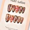 30Pcs Autumn Winter Gold Foil 3D Flower Almond Press On Nails, Luxury Handmade Rhinestone Leopard Fake Nail Tips