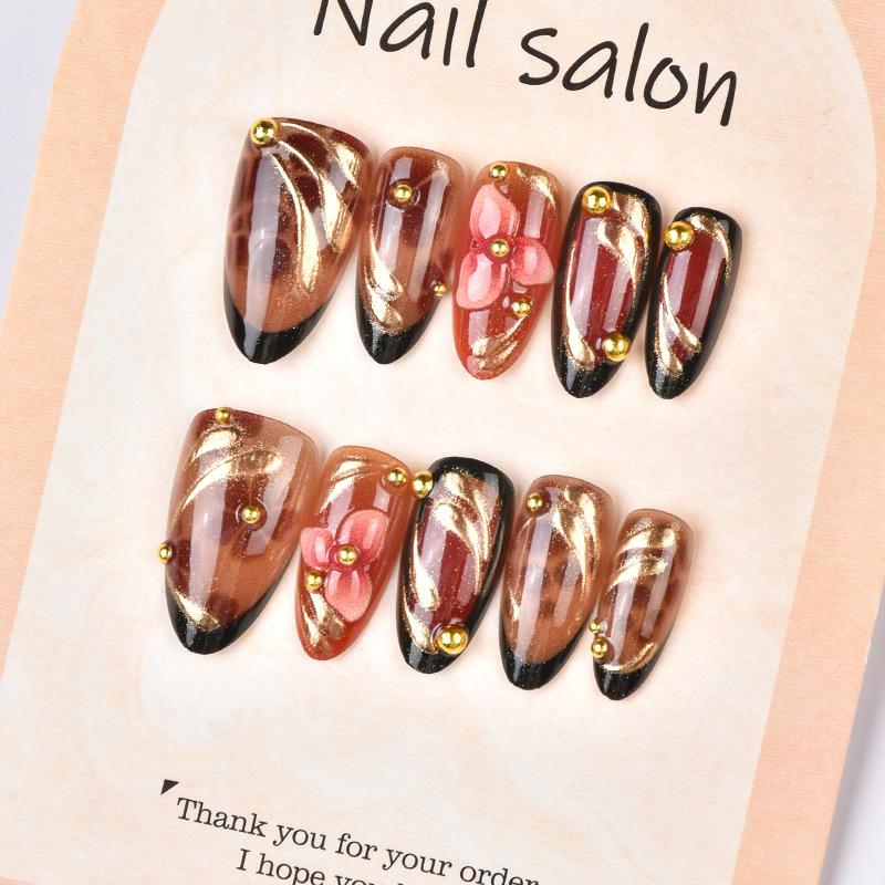 30Pcs Autumn Winter Gold Foil 3D Flower Almond Press On Nails, Luxury Handmade Rhinestone Leopard Fake Nail Tips