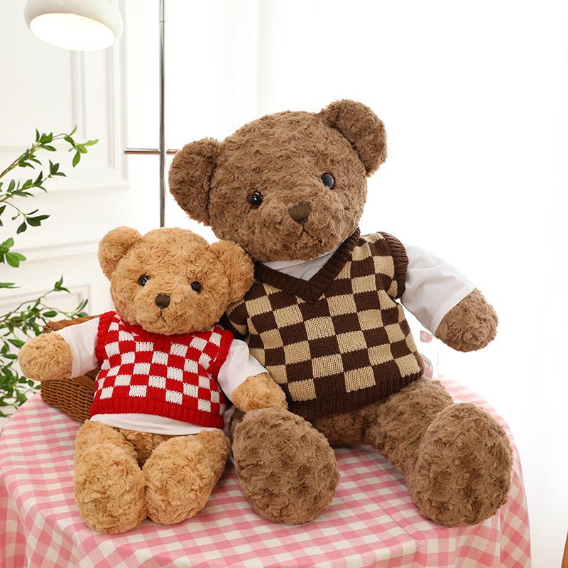 Checkered sweater teddy bear doll for girlfriend bear companion pillow home ornament children's holiday gift