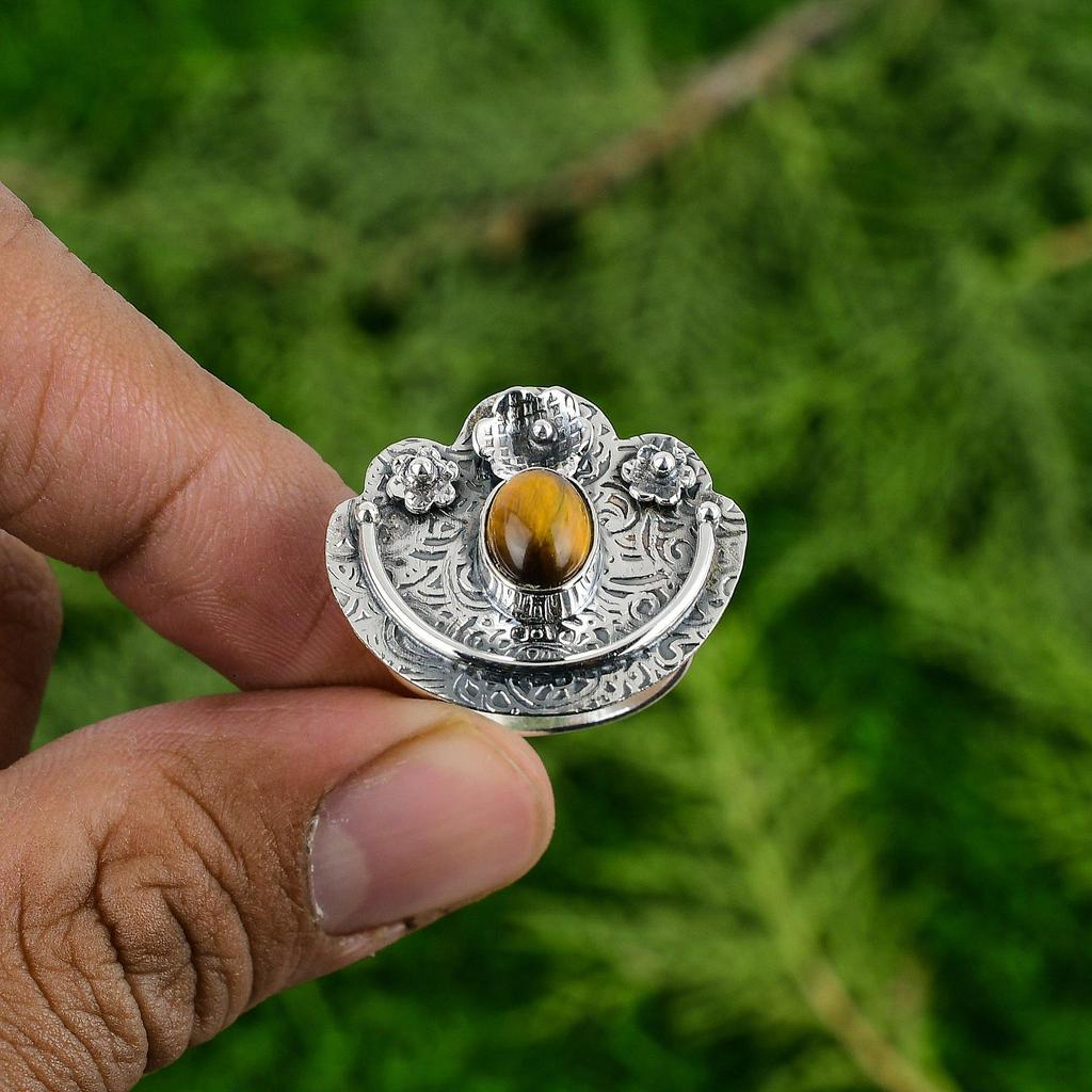 Mothers Day Deal Tigers Eye Stone Sterling Silver Flower Solitaire Ring Jewelry