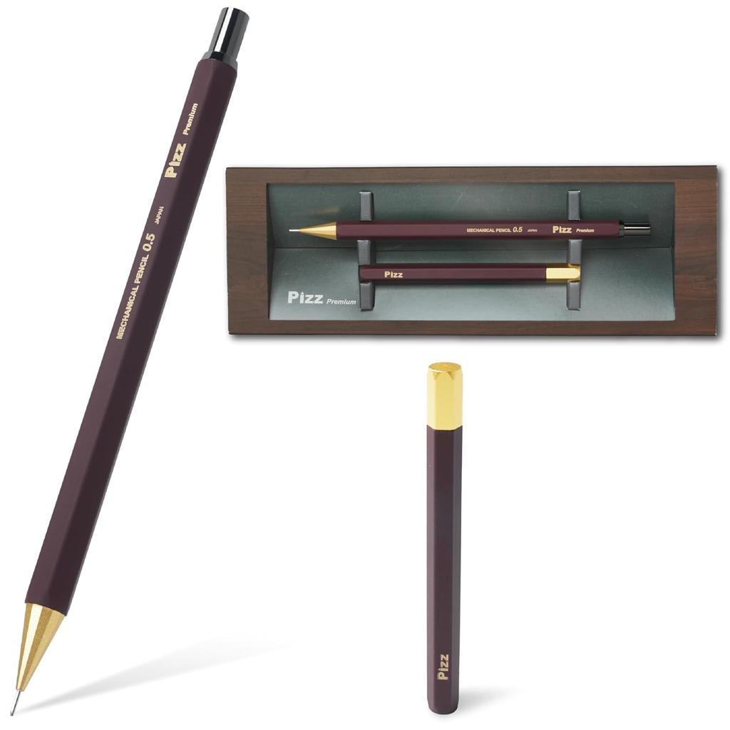 Pizz Premium Sharp Pencil-like Mechanical Pencil All Brass Hexagonal Shaft Lead Case Blackboard-style Box Made Japan 0.5mm (Bordeaux Brown)