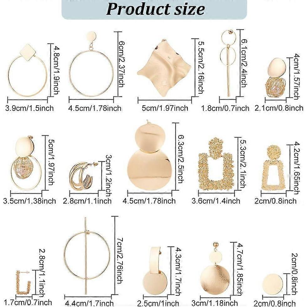 15 Pairs Geometric Drop & Stud Earrings Set, Gold Disc, Square, Circle Dangle Earrings, Wedding Hoop Earrings for Women