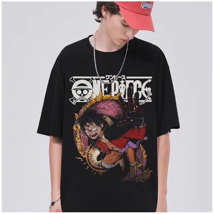 ONE PIECE Luffy Short-sleeved T-shirt Heavy Pure Cotton Printing Loose Retro American Street Men and Women The Same Ins