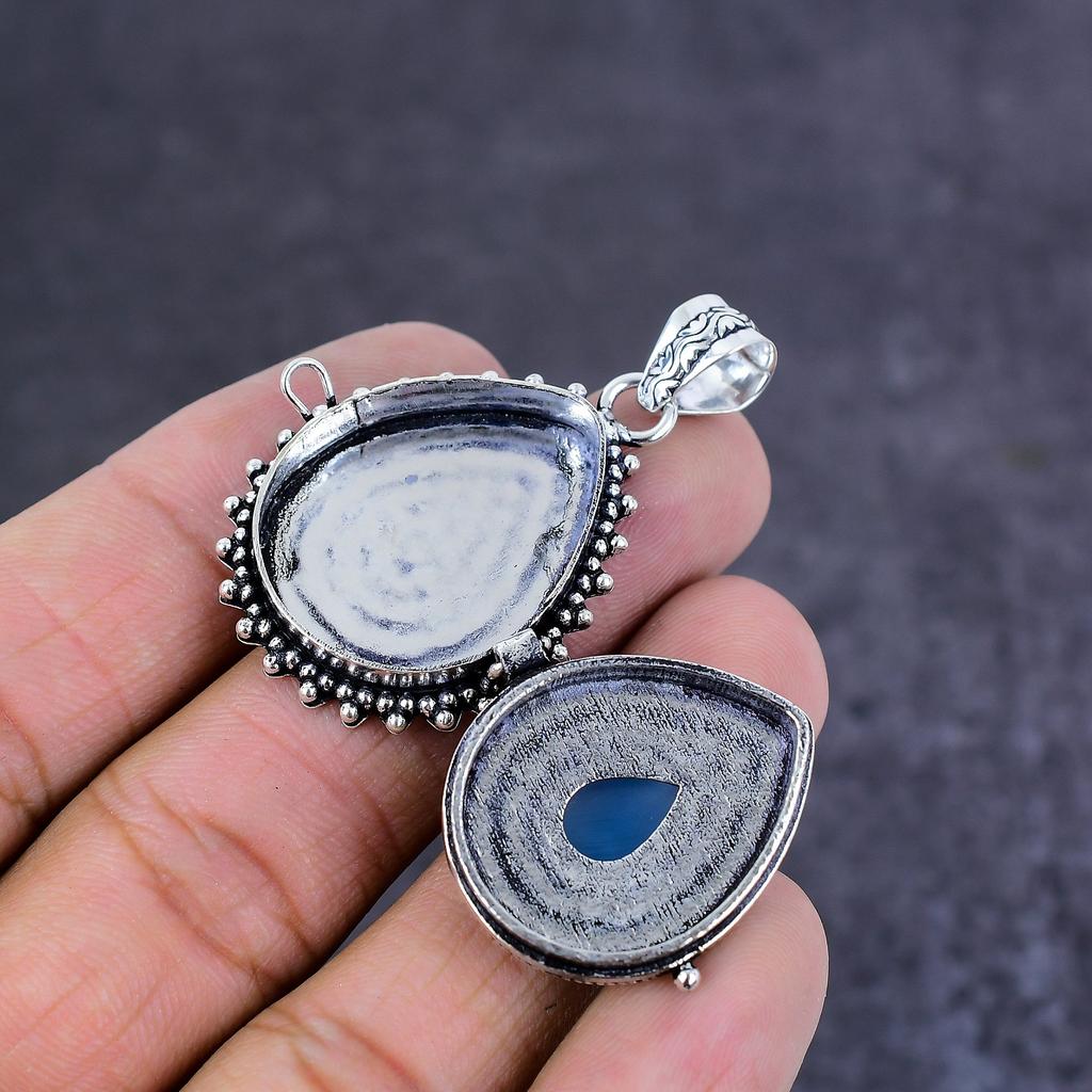 Голубой Халцедон Ручной Работы Ювелирные Изделия из Стерлингового Серебра 925 Пробы Подвеска-Яд 1.77" j8j45