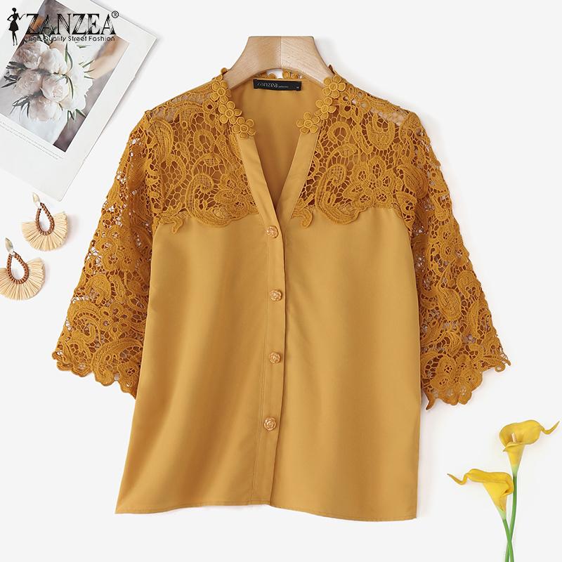 ZANZEA Женская летняя блузка с V-образным вырезом и рукавом 3/4, повседневная, с лоскутной вязкой крючком