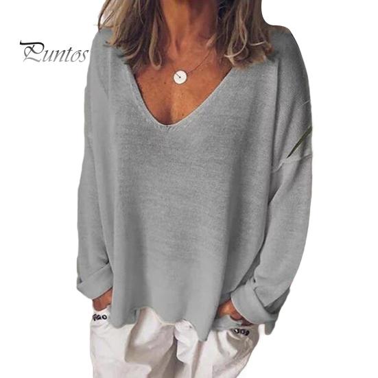 Women T-shirt V-Neck Long Sleeve Loose Fit Tee Shirt Solid Color Breathable Casual Pullover Tops Daily Wear