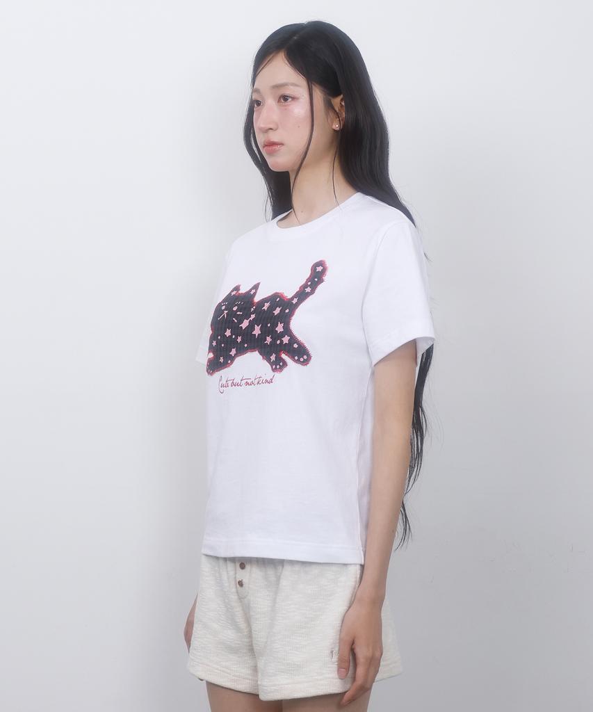 LMR Star Dot Cat Applique Short Sleeve T-Shirt White