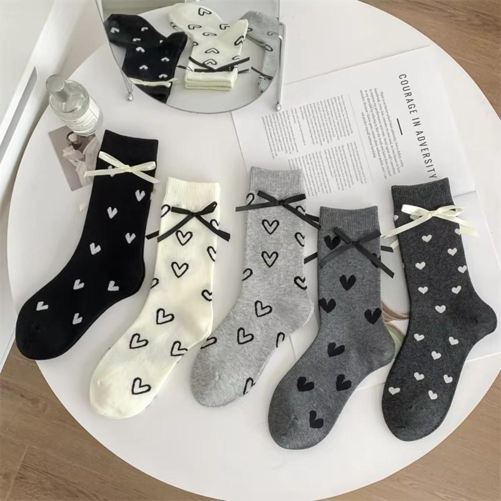 5 Pairs Set Heart Polka Dots Long Socks Thickened Sweet Socks Mid Tube Socks Autumn Winter Season