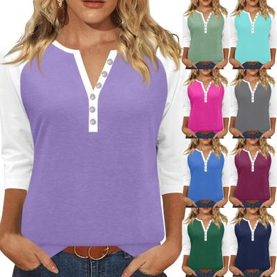 Жен. Футболка С принтом Пуговицы Рукав 3/4 Повседневные Выходные Мода Классический Классический V-образный вырез Обычный Верх