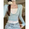 Blue Fake Two-piece Low-neck Collarbone-exposed Long-sleeved T-shirt for Women, Pure Desire, Slim Fit, Right Shoulder, Contrasting Color Splicing Top