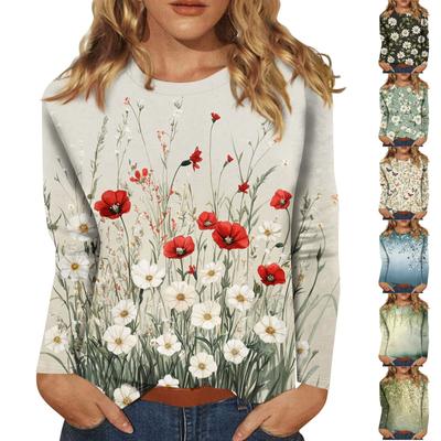 Женская мода повседневная с длинным рукавом и цветочным принтом с круглым вырезом