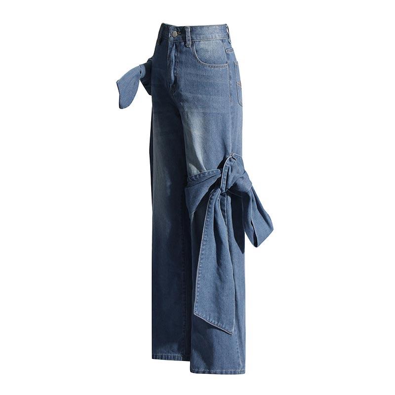 Women's Jeans 2025 Spring Autumn Latest Washed and Distressed Patchwork Bow Wide Leg Pants with High Waist and Slimming Design