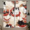 2Pc Japanese Lucky Cat & Sushi Curtains – Modern Sheer, Pocket Rod Top For Bedroom, Living Room, Kitchen – All-Season Decor