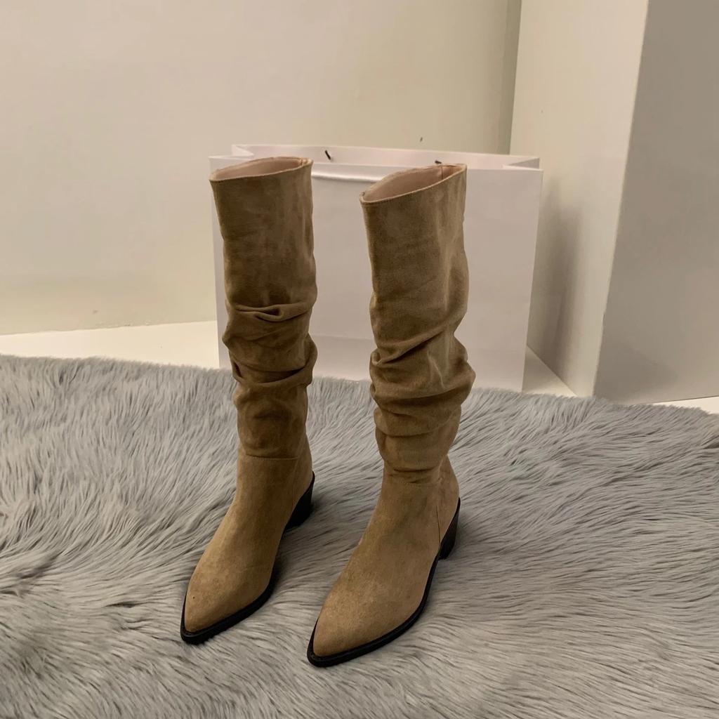 High Heeled Suede Western Mid Length Boots Women's Shoes New Autumn and Winter with Suede Pointed Pile Long Leg Knight Boots