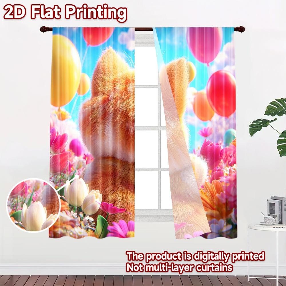 2D flat printing 2pcs Party Curtains Cute Cat Flower Field Easter Digital Printed Polyester Drapes Seasonal Party & Holiday