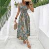 Women Bohemian Dress V Neck Sleeveless Off Shoulder Tight Waist Plus Size Colorful Print Tight Elastic Waist Mid-calf Length Summer Holiday Vacation