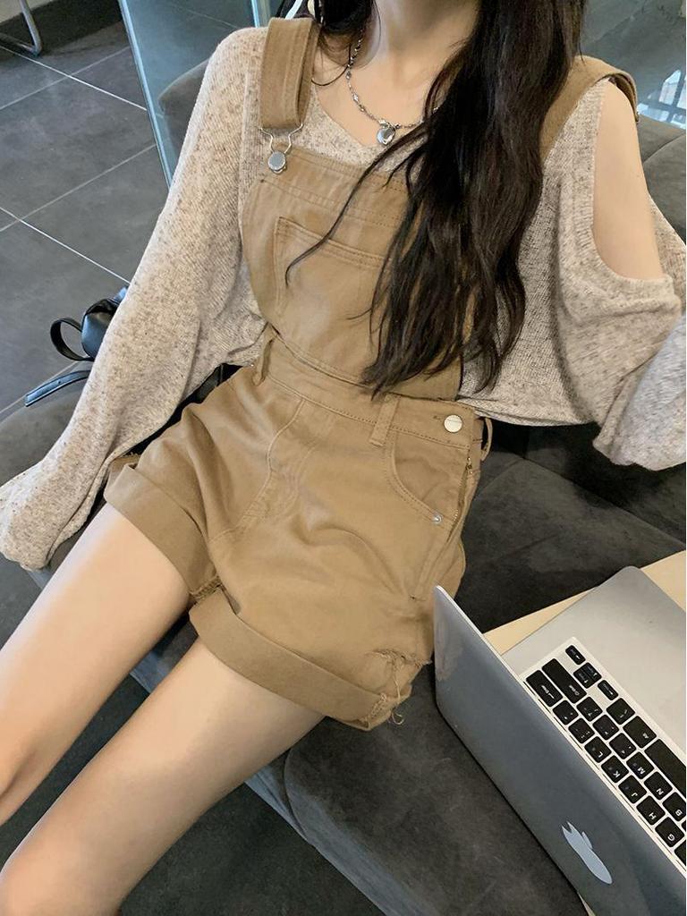 Солнцезащитная рубашка с открытыми плечами и универсальные джинсовые шорты-комбинезон для женщин