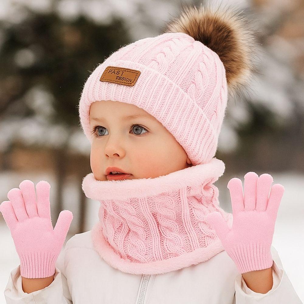 3pcs/set Comfortable Toddler Bonnet Cute Pompom Knitted Hats Kids Hat Set  Autumn Winter