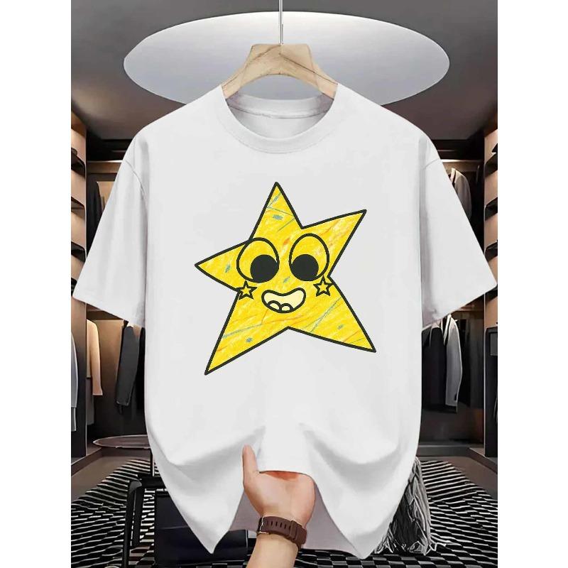 Мужская хлопковая футболка Smiling Star Милый мультяшный узор с принтом лица желтой звезды Чистый хлопок Премиальное качество печати Прочная Повседневная Мода