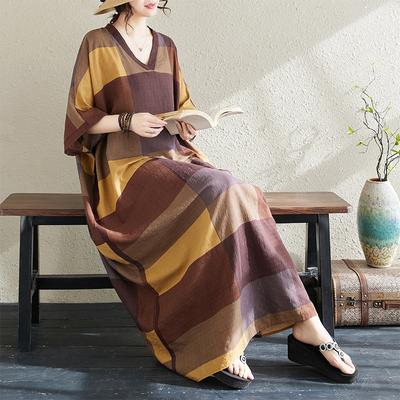 2024 Летнее платье больших размеров, пляжное женское платье с v-образным вырезом и цветочным принтом, праздничное повседневное мягкое льняное желтое свободное платье макси