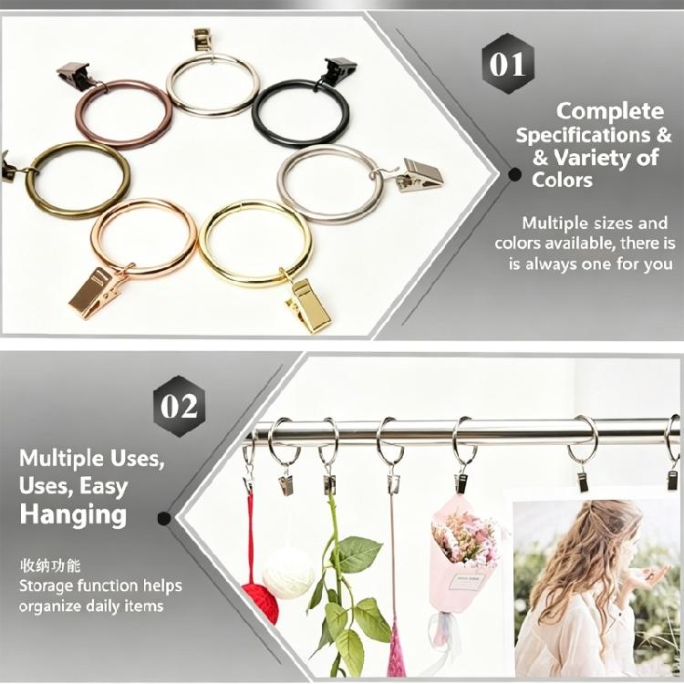 Pack of 10 Multipurpose Metal Curtain Rings with Clips 25 mm Interior Diameter for Curtain Rod, Drapery Hangers Easy Installation for Home Decors