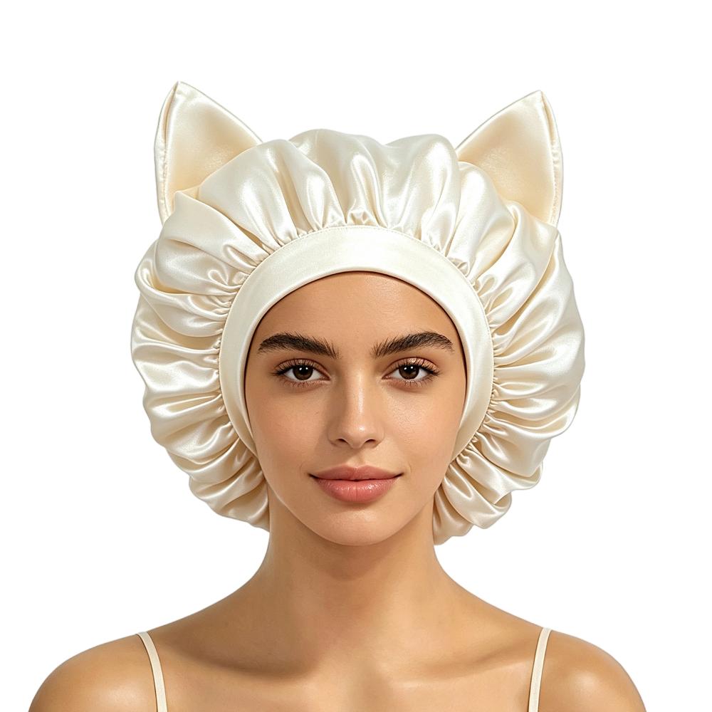 Elastic Band Cat Ear Sleep Cap Breathable Hair Protection Hat New Satin Hair Bonnet Night Sleep