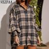 Женская мода повседневная весна осень клетчатый принт длинный рукав воротник поло блузки и рубашки
