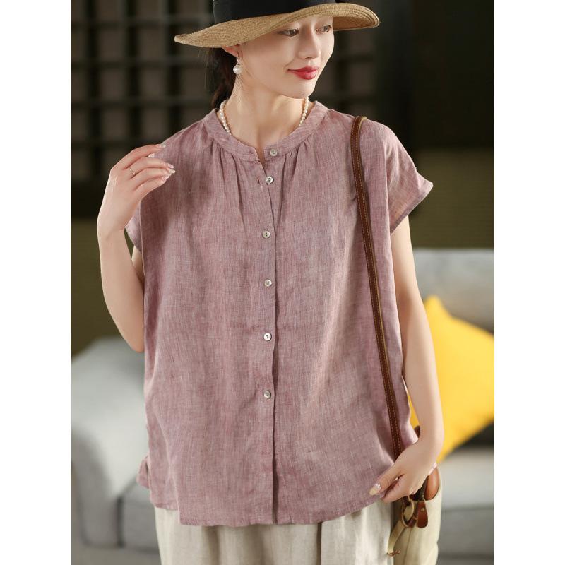 1116 Vintage Heavy Industry Yarn Linen Shirt Femininity Stand-Up Collar Shirt Single-breasted Short Sleeve Top