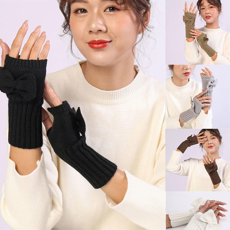 Women Short Bow Cable Knitted Warm Fingerless Gloves Outdoor Stretchy Arm Warmers Office Typing Wrist Gloves
