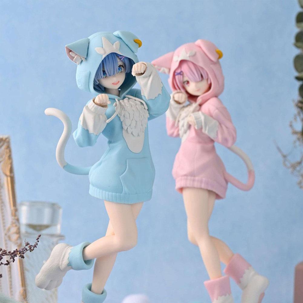 22CM Anime Remu Figure Rem Ram Cute Standing Pose Cat Ears Dresses Action Figure PVC Model Ramu Figurine Home Collection Gifts