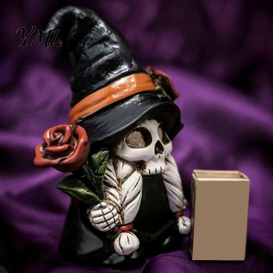 Spooky Shelf Decoration Halloween Skeleton Gnome Figurine, Gothic Witch Hat Dwarf Statue, Figurine Holding Rose Sculpture for Party Decor