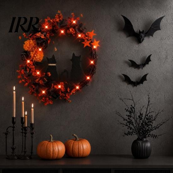 Black Cat Wreath with Lights Halloween Floral Garland, String Lights, Silhouette Garland Wreath, for Front Door Indoor Outdoor Wall Decor