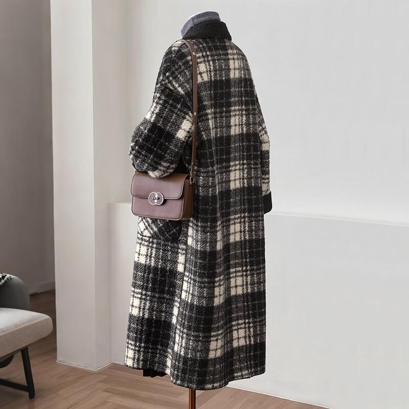 Sibaishi Women's Lazy Style Contrast Plaid Loose Wool Blend Coat