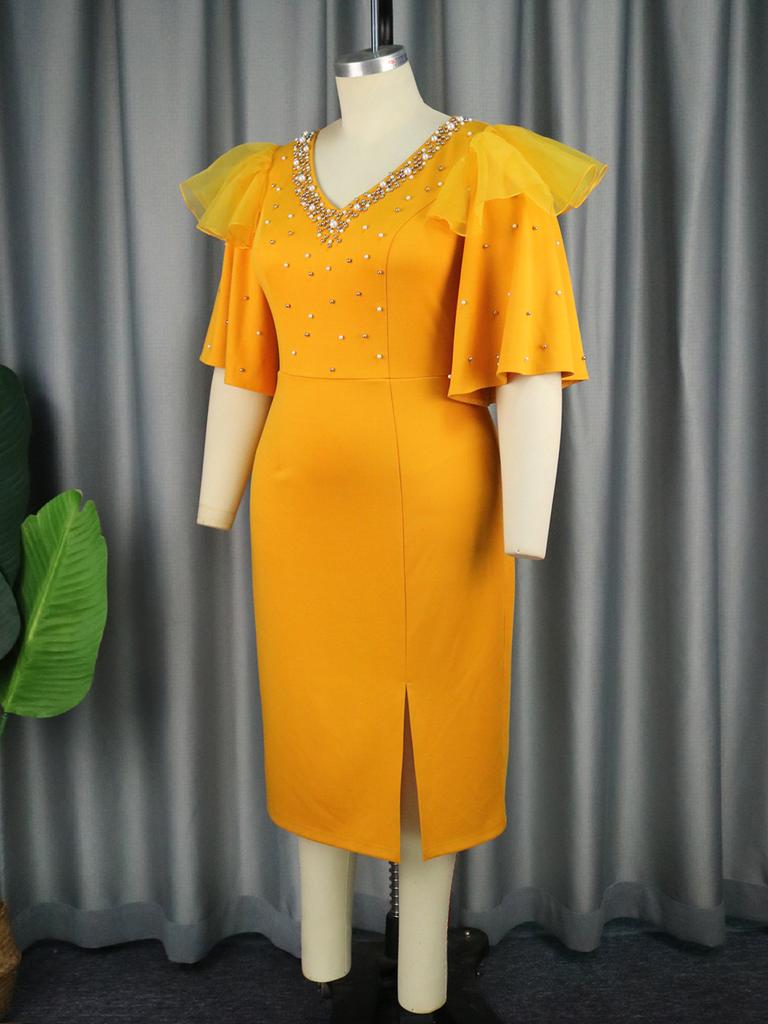AOMEI Sheath Dresses for Women Yellow V Neck Beading Flare Sleeve High Waist Split Knee Length Evening Party Cocktail Plus Size Gowns Dress