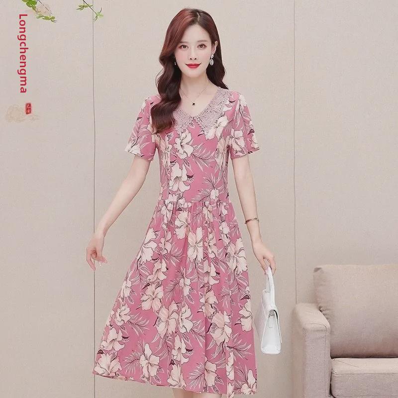 Женское летнее платье с короткими рукавами и цветочным принтом больших размеров 2025 года - модная юбка средней длины