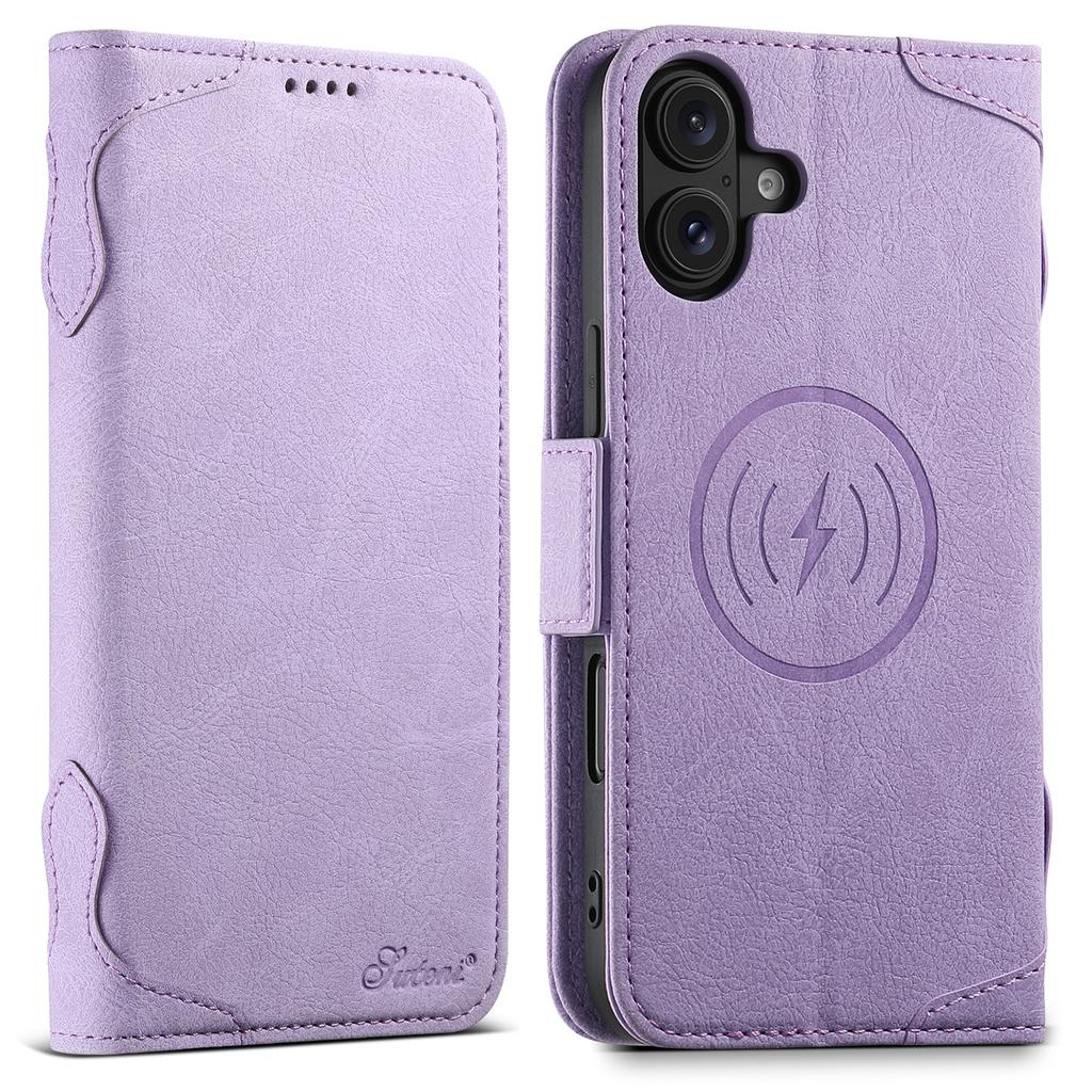 SUTENI J07 For iPhone 16 Plus Case Compatible with MagSafe Litchi Texture Leather Wallet Phone Cover