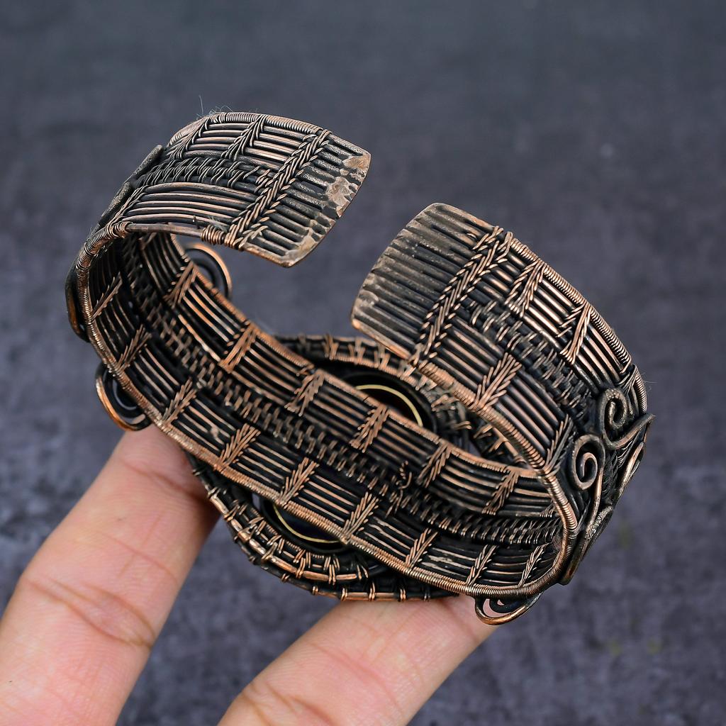 Fluorite Gemstone Handmade Copper Wire Wrap Cuff Bangle Adjustable o2D81