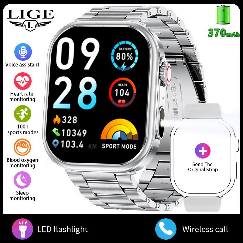 LIGE Новые умные часы 2,01-дюймовые с Bluetooth-звонком, водонепроницаемые для занятий спортом на открытом воздухе, мужские умные часы