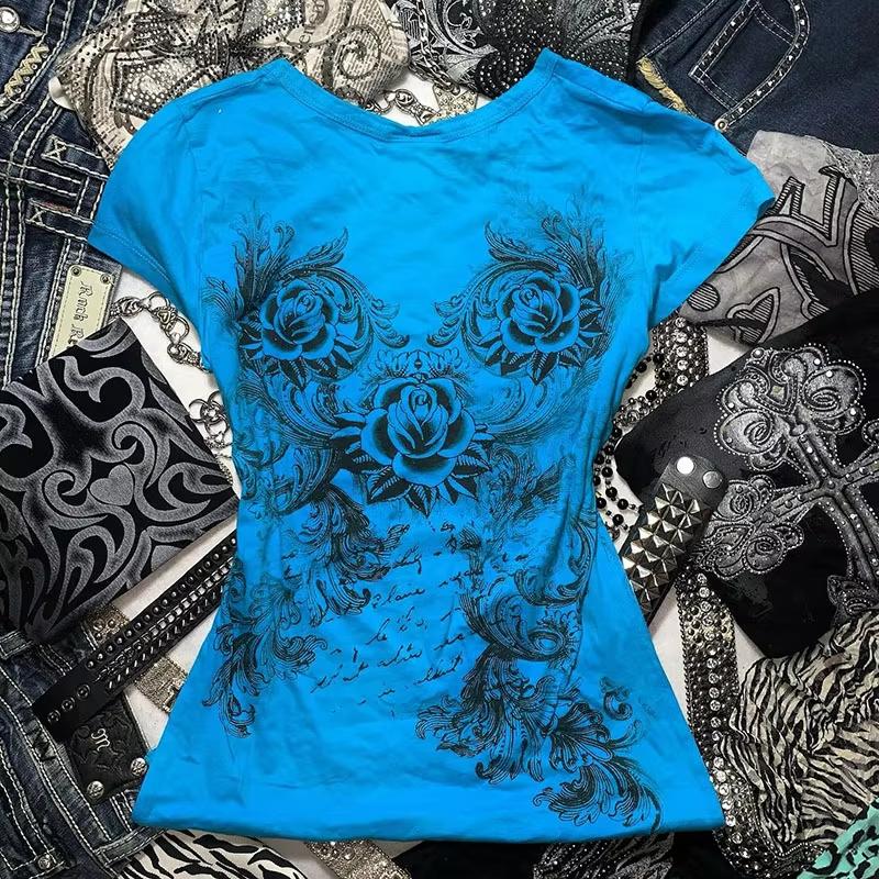KOSY Women Short Sleeve T-Shirts Fashion Print Round Neck Shirts Summer Gothic Slim Fit Casual Tops Y2K E Girl Streetwear