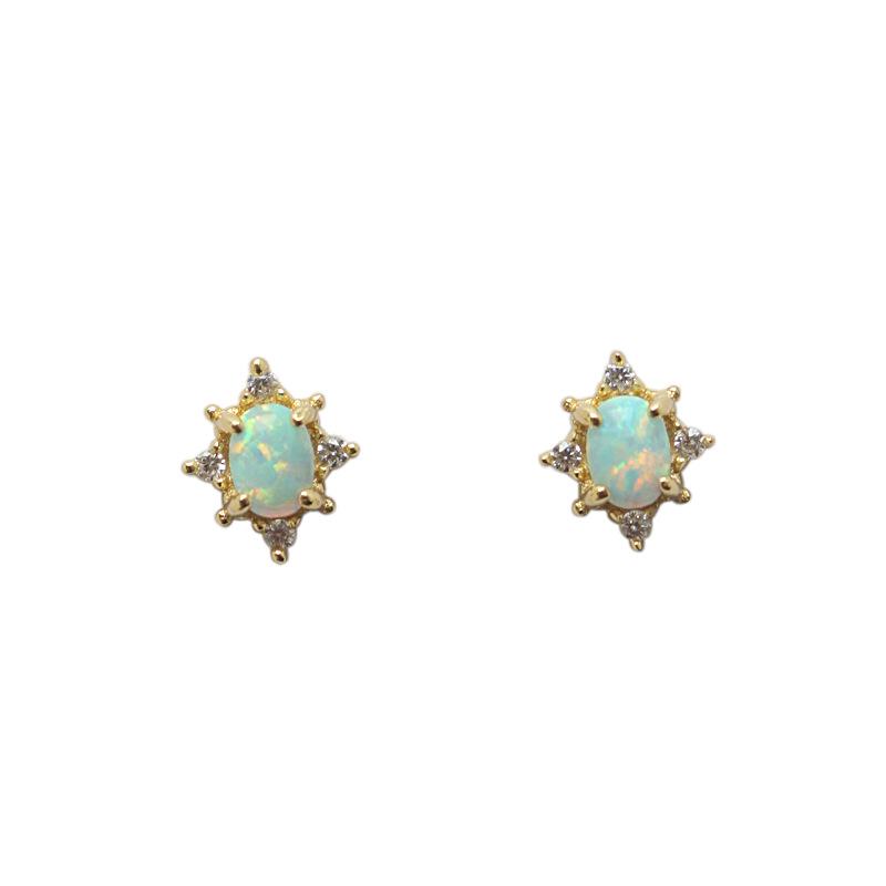 S925 Sterling Silver 14K Gold-Plated Earrings with Opal and Zircon, Japanese Style Retro Versatile Design for Women.