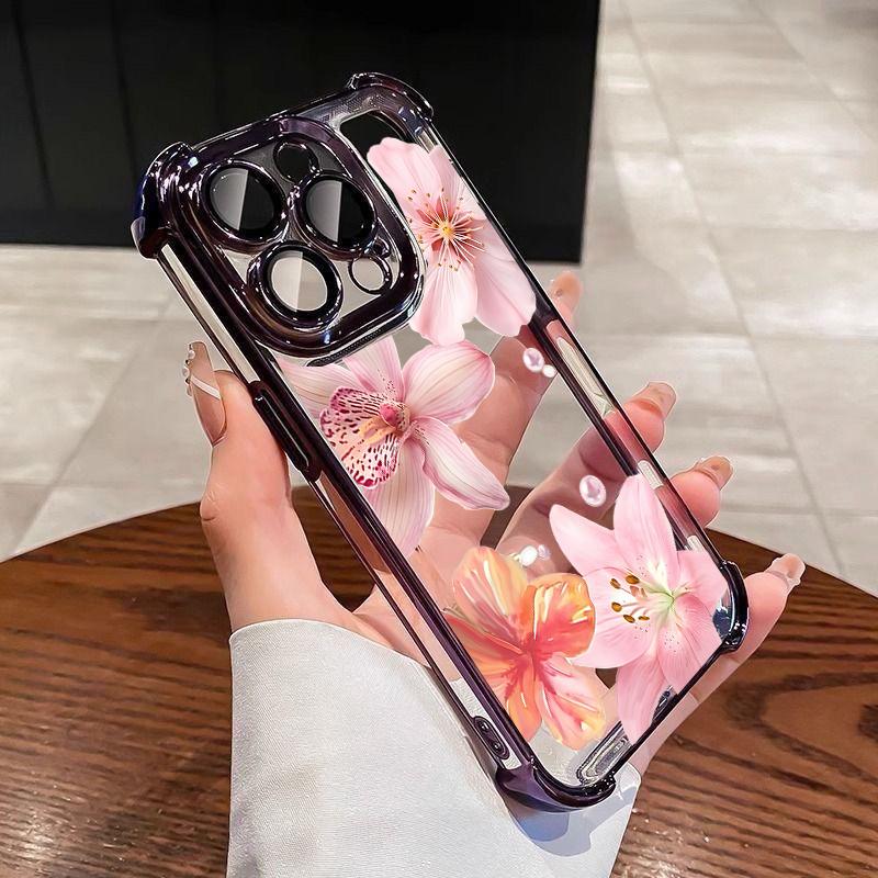Чехол для iPhone 14 13 Pro Max 6 7 8 Plus 17 Air X XR XS Max Покрытие фиолетовые Цветы Ударопрочный Прозрачный Мягкий Чехол
