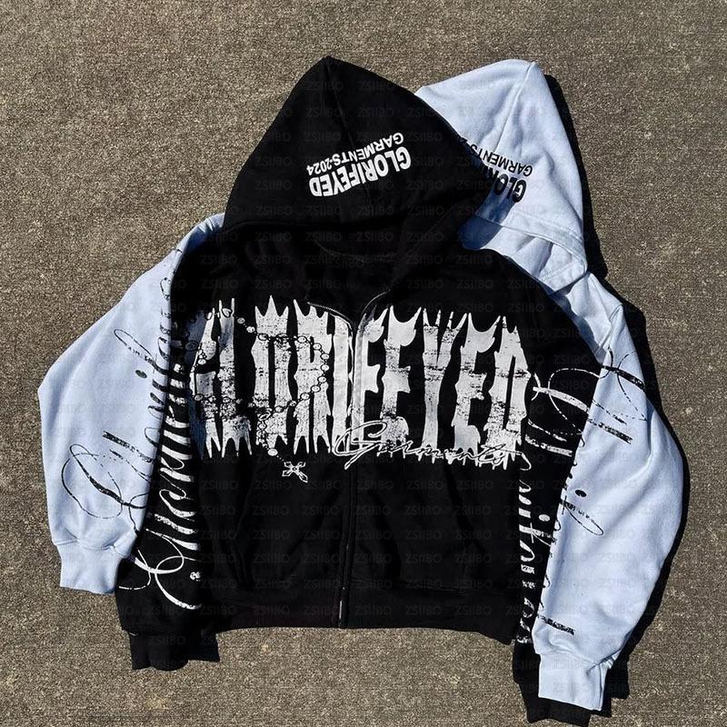 Худи в стиле Y2K с принтом молнии и буквенным узором, осеннее, с длинным рукавом, ретро, уличное