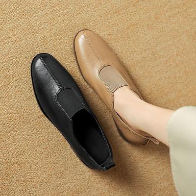 Модные НОВЫЕ Весенне-Осенние Женские Лоферы с Круглым Носком и Массивным Каблуком, Обувь из Натуральной Кожи для Женщин, Лаконичная Слипоны с Вставками, Женские Туфли-Лодочки