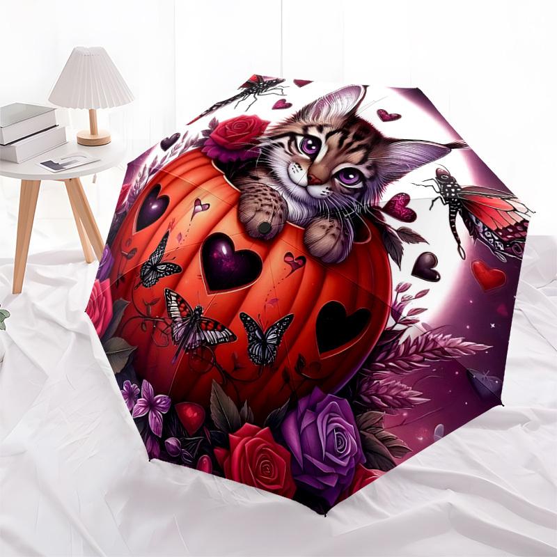 1pc Halloween Pumpkin Cat Automatic Open/Close Umbrella, Folding Compact Umbrella with Lightweight Design for Women/Men yy251011087