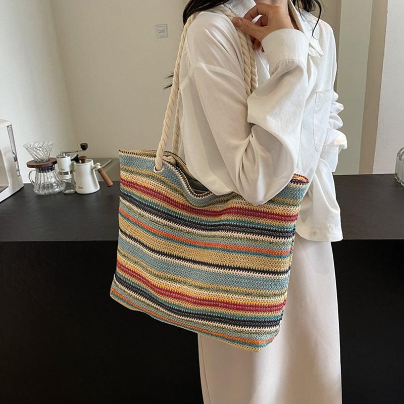 Straw Fabric Woven Design Women Tote Bags Rainbow Color Large Capacity Summer Beach Shoulder Shopper Bag Casual Commute Handbags KTB